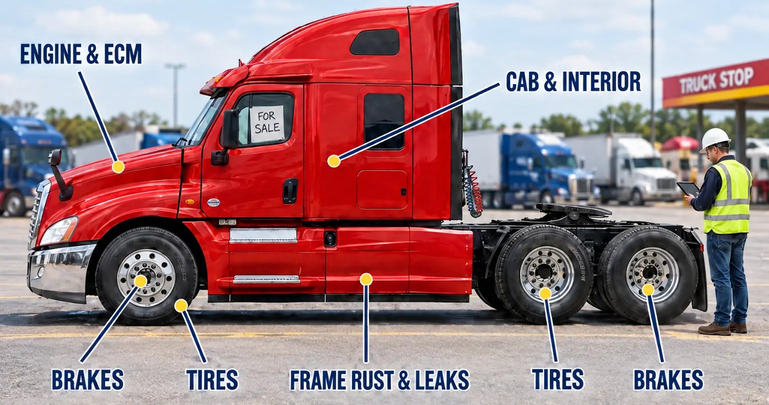 Truck showing inspected areas: engine & ECM, cab & interior, brakes, tires, frame rust & leaks